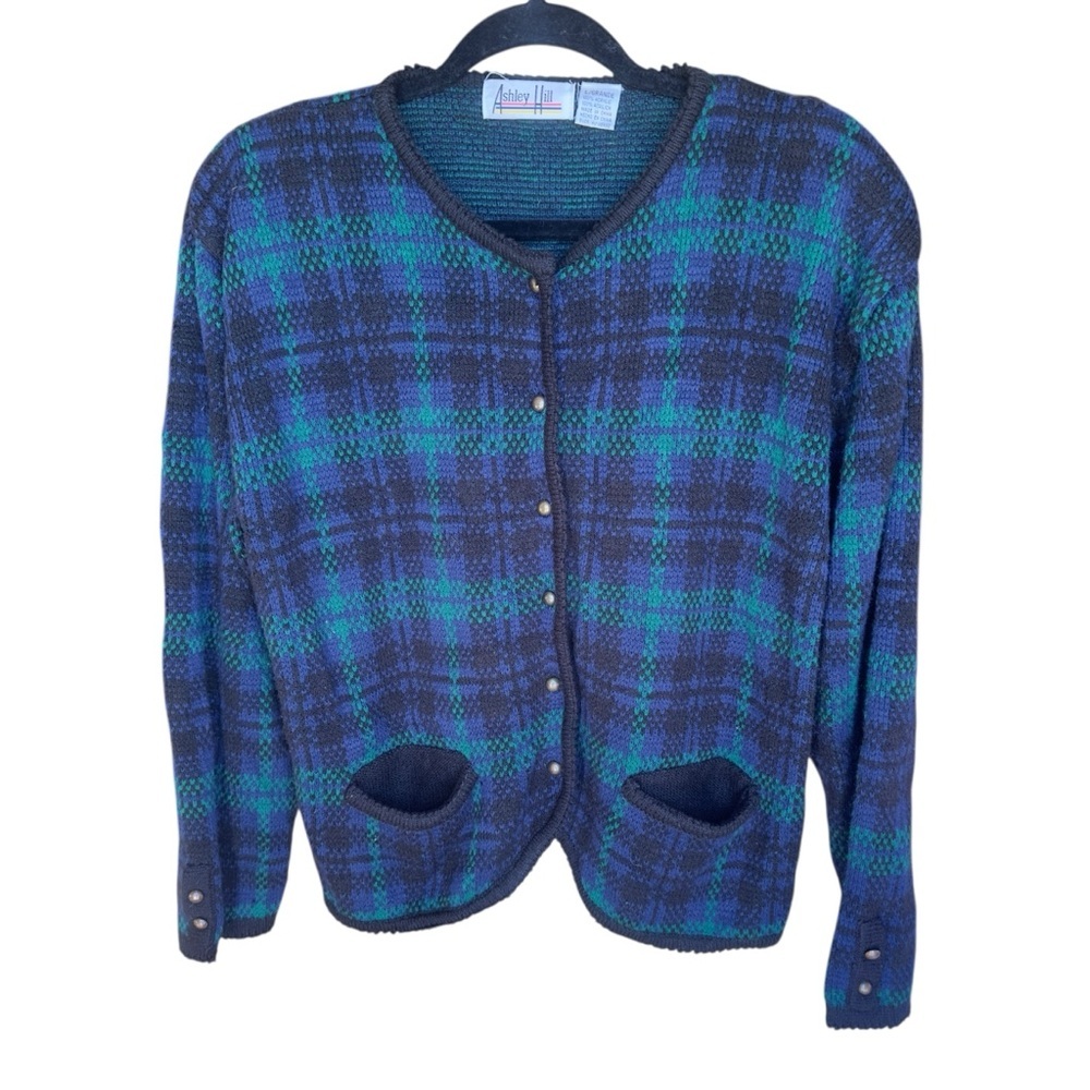 VTG Plaid Knit Cardigan Blue Green Button Front Pockets Grunge Preppy Retro‎ L